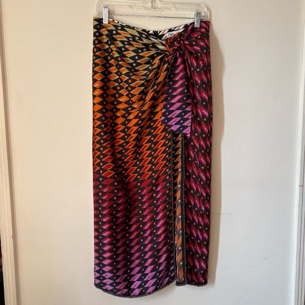 Zara Multicolor Wrap Midi Skirt with Beaded Trim Size L